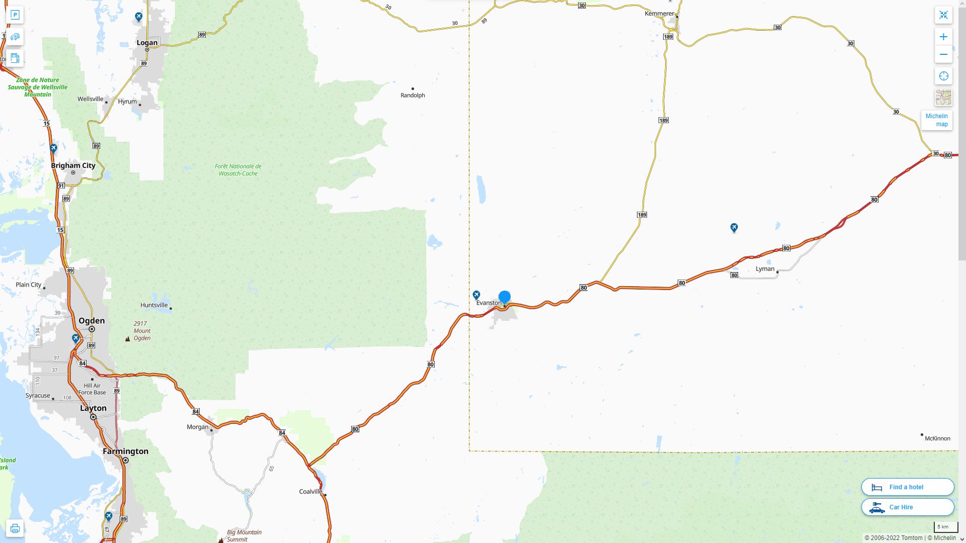 Evanston Wyoming Highway and Road Map